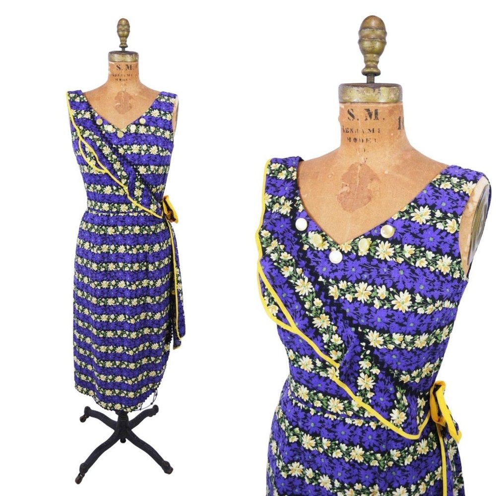 Vintage 50s Style Tropical Sarong Dress Floral Purple Yellow Pinup | W 26"